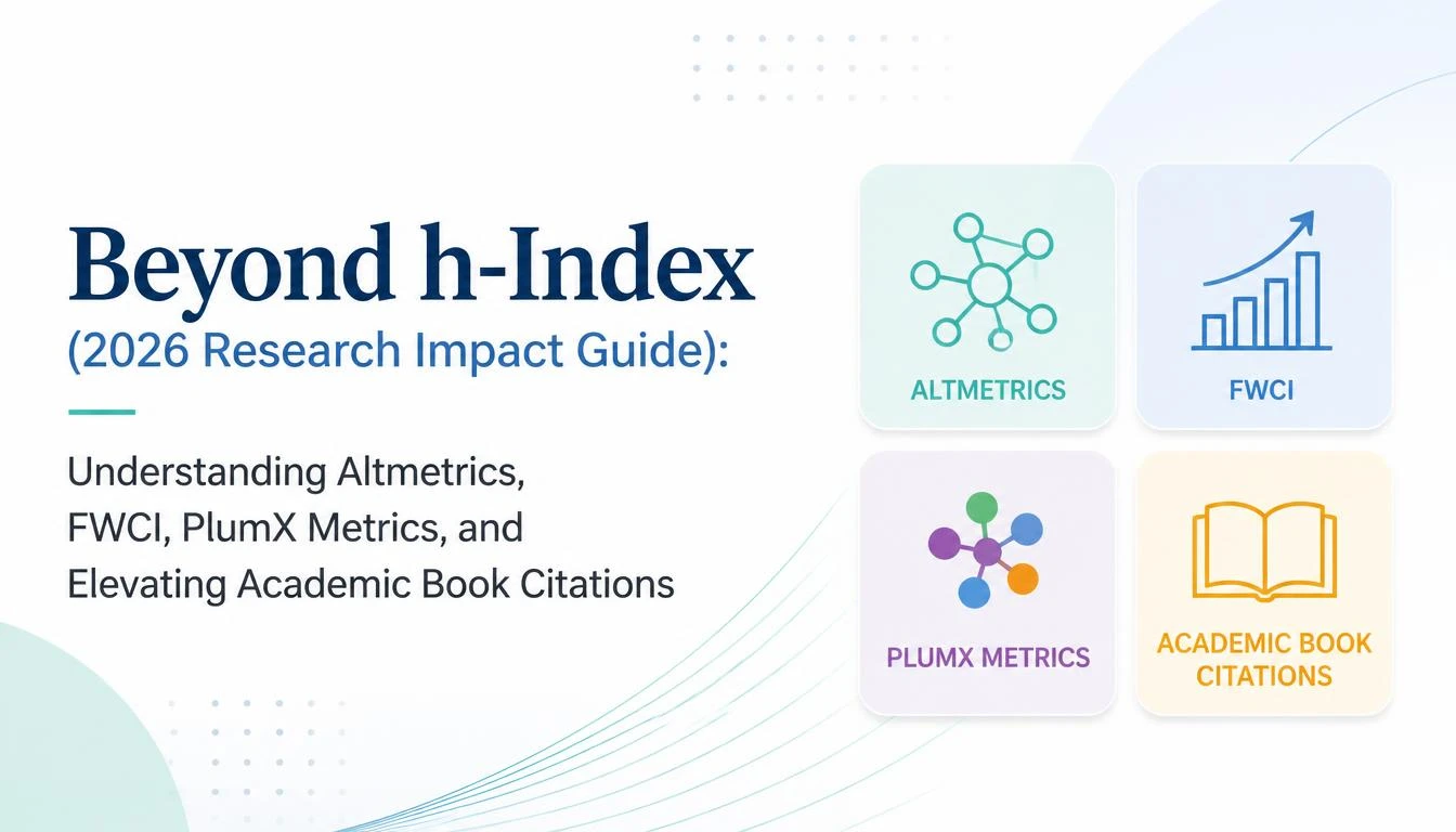 Beyond h-Index (2026 Research Impact Guide): Understanding Altmetrics, FWCI, PlumX Metrics, and Elevating Academic Book Citations Cover